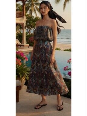 VTG Veronicam S Mosaic Medallion Print Strapless Flowy Midi Dress Y2K Whimsical